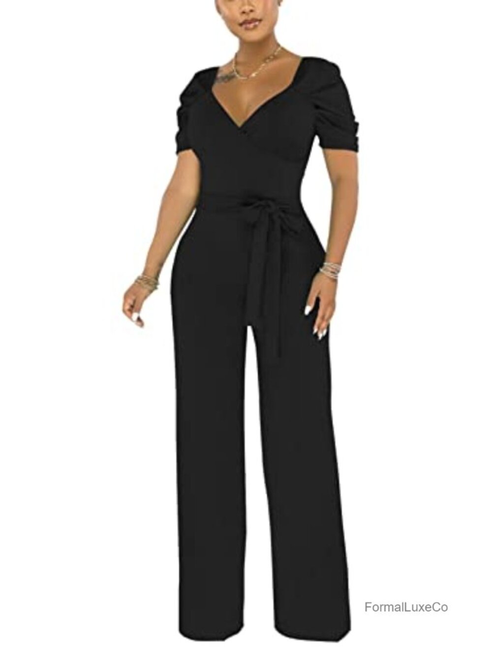 Women's Elegant V-Neck Puff Sleeve Wide Leg Jumpsuit for Party